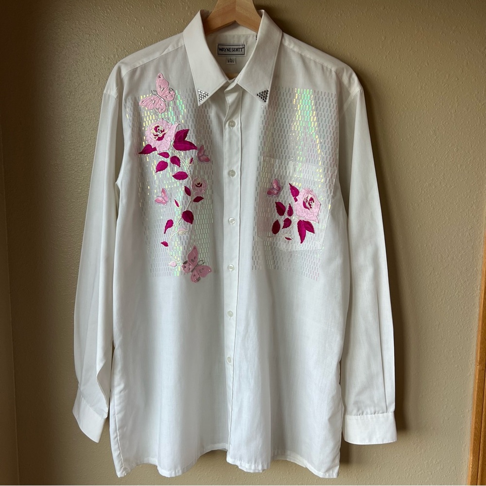 Western Vintage 80s Top Wayne Scott Size L Shirt Button Iridescent Butterflies